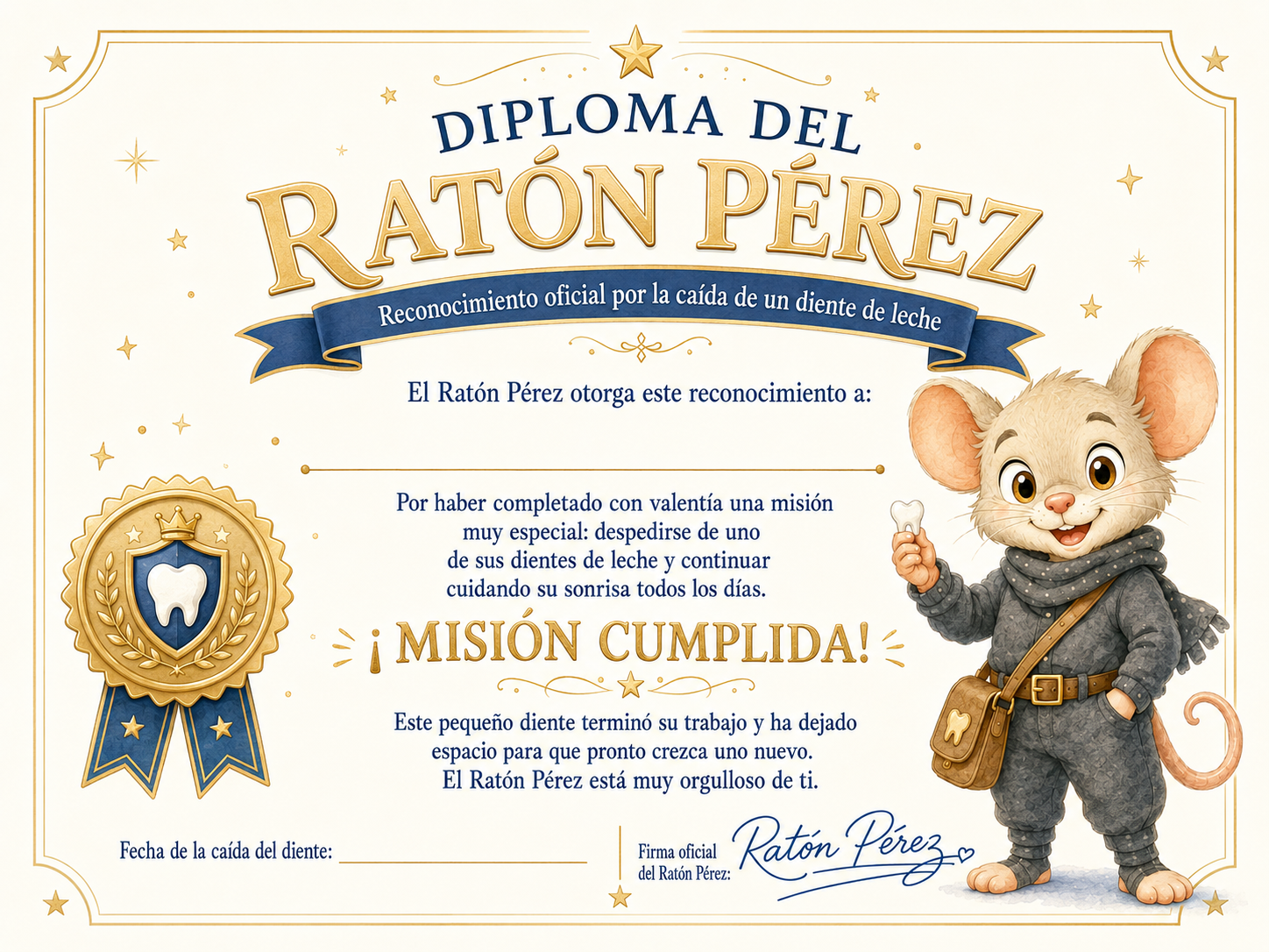 Ejemplo de diploma personalizado del Ratón Pérez con el nombre Mateo
