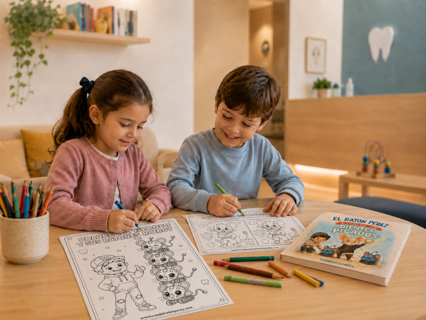 Niños realizando actividades para colorear del Ratón Pérez