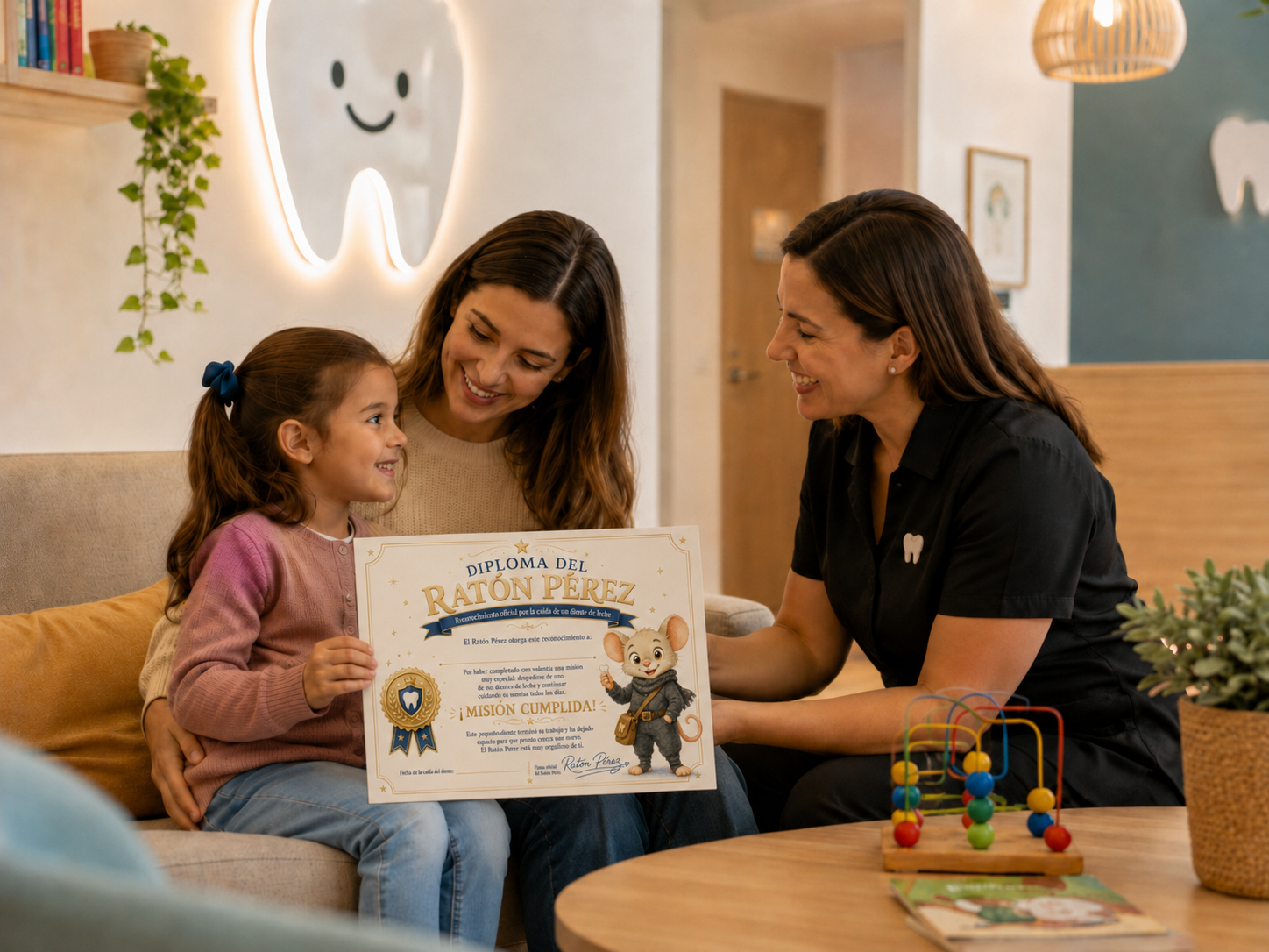 Niña recibiendo un diploma especial del Ratón Pérez