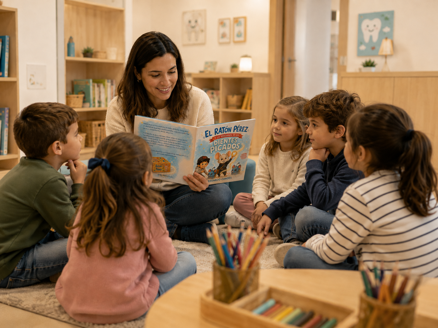 Lectura en grupo del libro del Ratón Pérez con niños