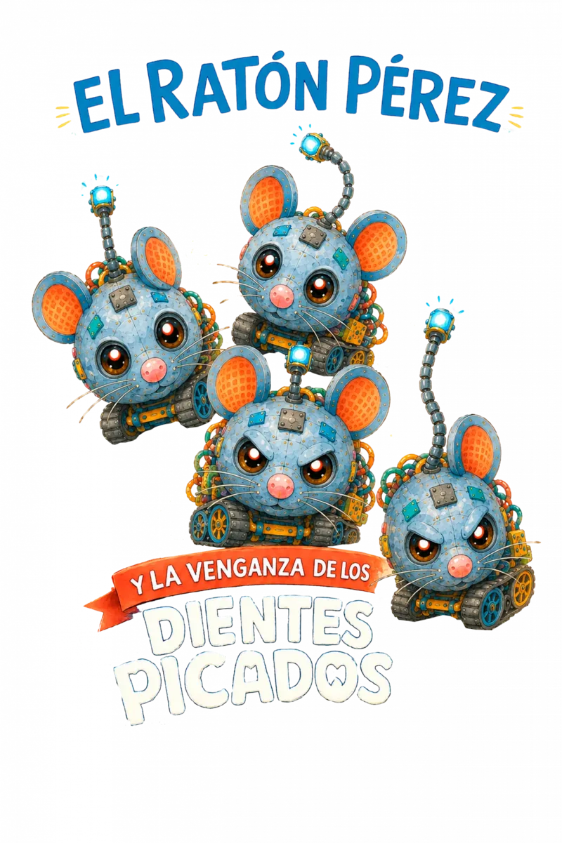 Título El Ratón Pérez y la venganza de los dientes picados acompañado por los ratones robot
