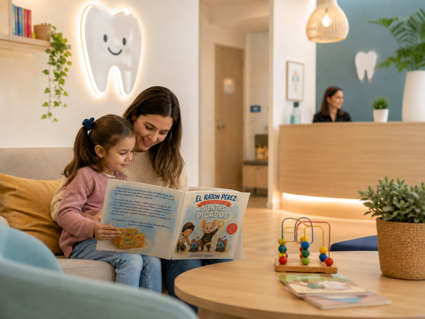 Familia leyendo el libro del Ratón Pérez en una sala de espera